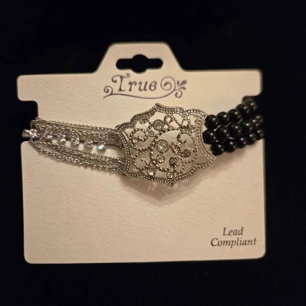 NEW Stretch Bracelet Black Silver Chain Rhinestone